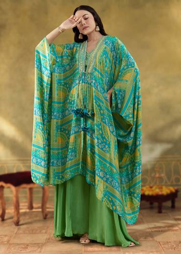 Green Crop Top Palazzo Set with Printed Cape