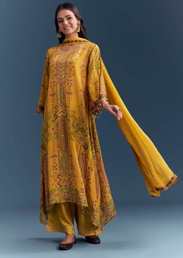 Sunshine Yellow Twin Ensemble – Crepe Sequin Kurta Set For Her And Yellow Kurta Jacket Set For Him