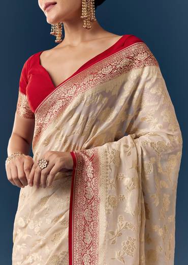 Classic Contrast Ceremony Couple Set – Off-White Khaddi Georgette Saree with Red Border for Her And Red Kurta Set for Him
