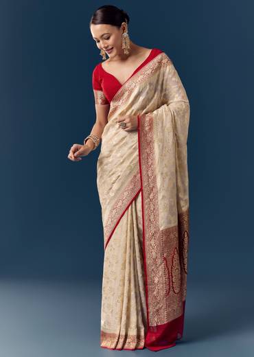 Classic Contrast Ceremony Couple Set – Off-White Khaddi Georgette Saree with Red Border for Her And Red Kurta Set for Him