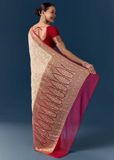 Classic Contrast Ceremony Couple Set – Off-White Khaddi Georgette Saree with Red Border for Her And Red Kurta Set for Him