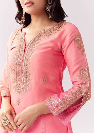 Blush Pink Twinning Ensemble – Gotta Work Sharara With Bandhani Dupatta For Her And Pink Silk Mandarin Collar Kurta For Him