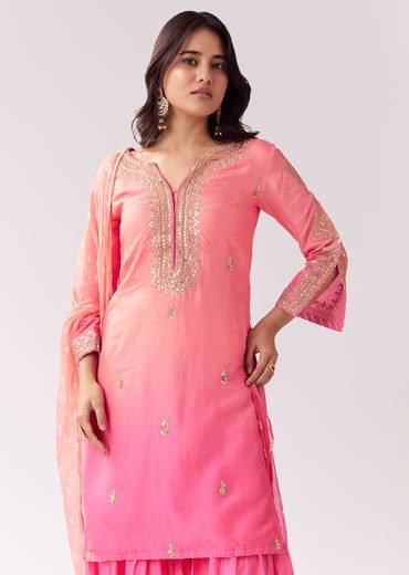Blush Pink Twinning Ensemble – Gotta Work Sharara With Bandhani Dupatta For Her And Pink Silk Mandarin Collar Kurta For Him