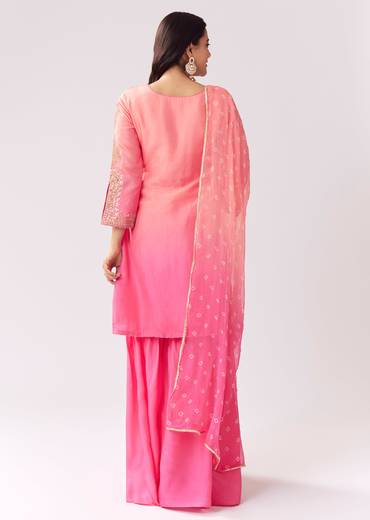Blush Pink Twinning Ensemble – Gotta Work Sharara With Bandhani Dupatta For Her And Pink Silk Mandarin Collar Kurta For Him