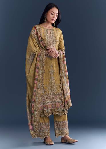 Mustard Ajrakh Cultural Pair – Indie Print Zari Kurta Set For Her And Yellow Linen Ajrakh Kurta Set For Him