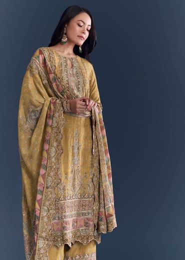 Mustard Ajrakh Cultural Pair – Indie Print Zari Kurta Set For Her And Yellow Linen Ajrakh Kurta Set For Him