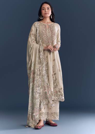 Beige Floral Coordinated Look – Crepe Zari Kurta Set For Her And Beige Embroidered Kurta Set For Him