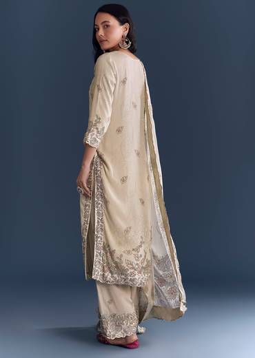Beige Floral Coordinated Look – Crepe Zari Kurta Set For Her And Beige Embroidered Kurta Set For Him