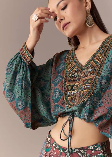 Indigo Noir Festive Couple Set – Indigo Printed Crop Top & Skirt Set for Her And Black Embroidered Silk Kurta Jacket Set for Him
