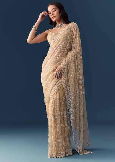 Gold Net Jaal Bead Work Saree with Unstitched Blouse