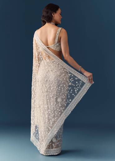 Off White Net Jaal Embellished Saree with Unstitched Blouse