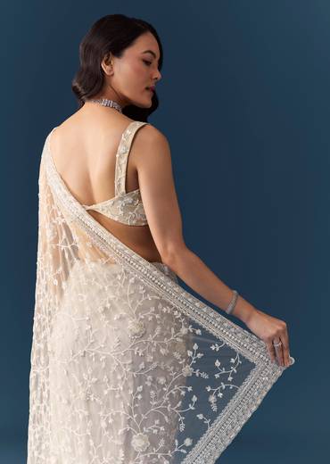 Off White Net Jaal Embellished Saree with Unstitched Blouse
