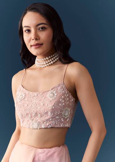 Pink Net Jaal Resham Saree with Unstitched Blouse