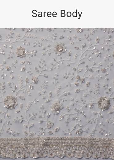 Cream Net Jaal Embellished Saree with Unstitched Blouse