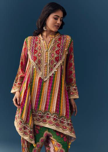 Multi Indie Print Kurti Dhoti Set with Handbag