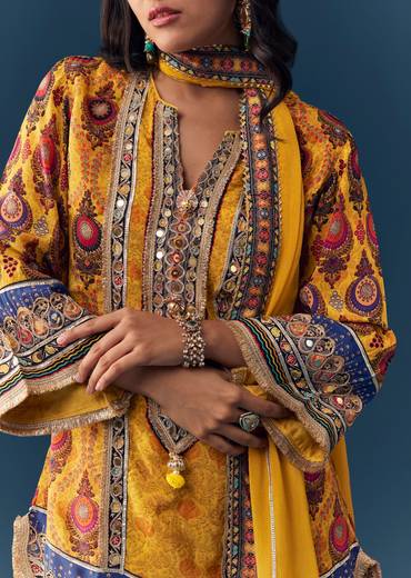 Yellow Gota Lace Work Sharara Set with Handbag