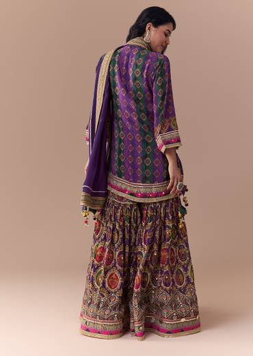 Purple Indie Print Kurta Sharara Set with Handbag