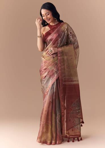 Maroon Shaded Organza Silk Saree with Unstitched Blouse