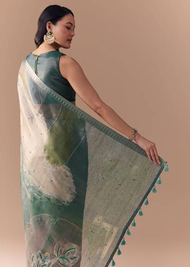 Teal Green Organza Silk Saree with Unstitched Blouse