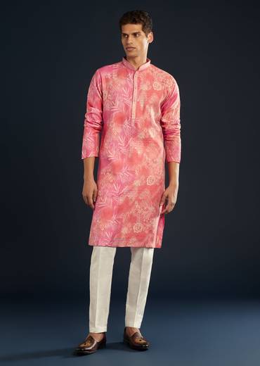 Soft Festive Couple Set – Pink Muslin Gotta Work Anarkali With Pant And Dupatta For Her And Pink Floral Print Art Silk Kurta Pant Set For Him