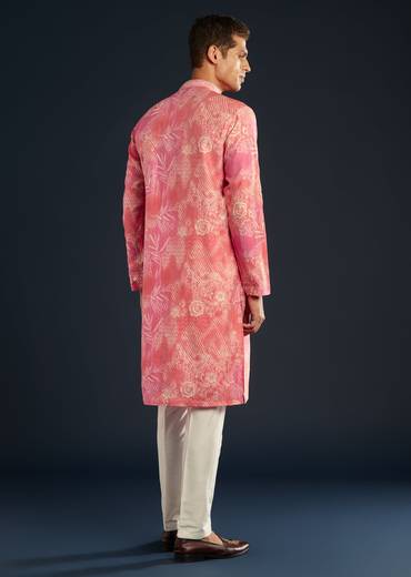 Soft Festive Couple Set – Pink Muslin Gotta Work Anarkali With Pant And Dupatta For Her And Pink Floral Print Art Silk Kurta Pant Set For Him