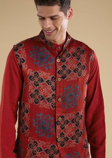 Heritage Ajrakh Couple Set – Maroon Linen Kurta Set With Ajrakh Dupatta For Her And Red Ajrakh Kurta Jacket Set For Him