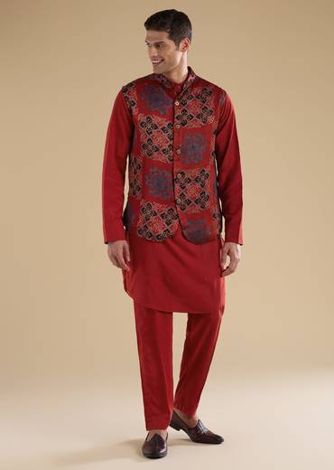 Heritage Ajrakh Couple Set – Maroon Linen Kurta Set With Ajrakh Dupatta For Her And Red Ajrakh Kurta Jacket Set For Him
