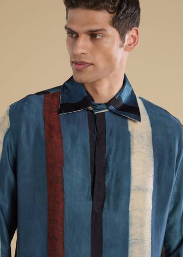 Heritage Couple Set – Indigo Kurta Set With Ajrakh Dupatta For Her And Stripe Indigo Kurta Set For Him