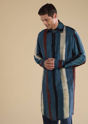 Heritage Couple Set – Indigo Kurta Set With Ajrakh Dupatta For Her And Stripe Indigo Kurta Set For Him