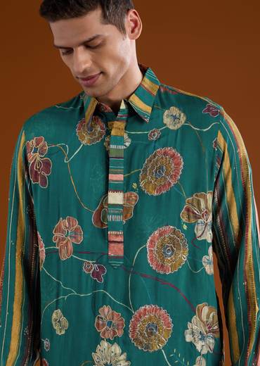 Colourful Artisan Festive Couple Set – Multi-Color Chanderi Anarkali For Her And Teal Kalamkari Kurta Set For Him