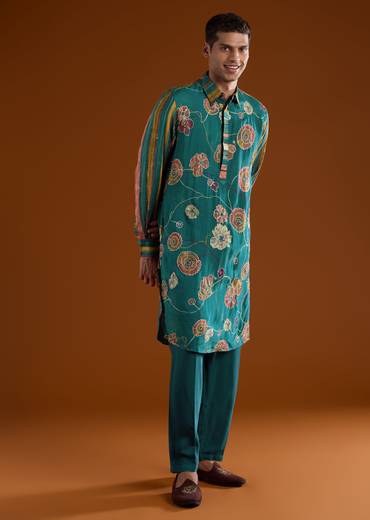 Colourful Artisan Festive Couple Set – Multi-Color Chanderi Anarkali For Her And Teal Kalamkari Kurta Set For Him