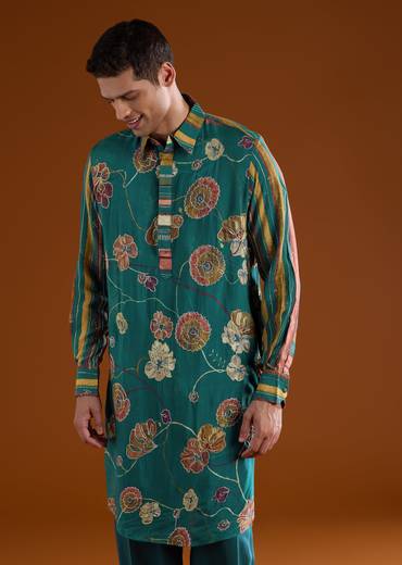 Colourful Artisan Festive Couple Set – Multi-Color Chanderi Anarkali For Her And Teal Kalamkari Kurta Set For Him