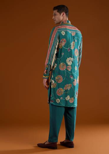 Colourful Artisan Festive Couple Set – Multi-Color Chanderi Anarkali For Her And Teal Kalamkari Kurta Set For Him