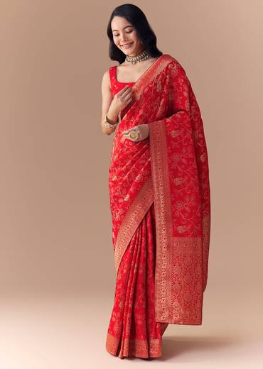 Red Dola Silk Zari Woven Saree with Unstitched Blouse