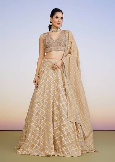 Gold Blush Duo – Banarasi Lehenga For Her And Jacket Kurta Set For Him
