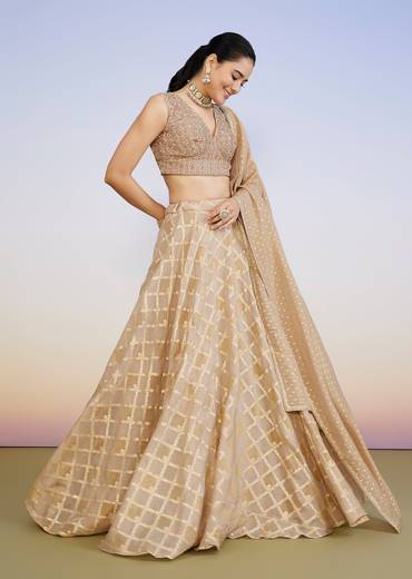 Gold Blush Duo – Banarasi Lehenga For Her And Jacket Kurta Set For Him