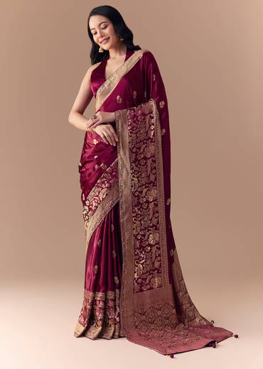 Wine Satin Woven Border Saree with Unstitched Blouse