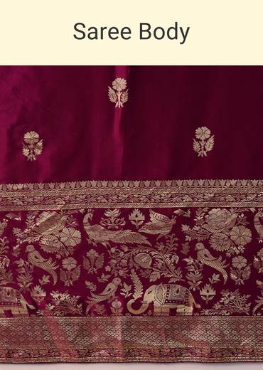 Wine Satin Woven Border Saree with Unstitched Blouse