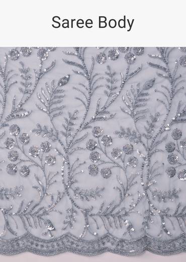 Blue Grey Net Sequin Floral Work Saree with Unstitched Blouse