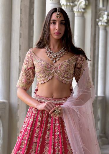 Red Silk Bridal Lehenga With Moti And Sequins Embroidery