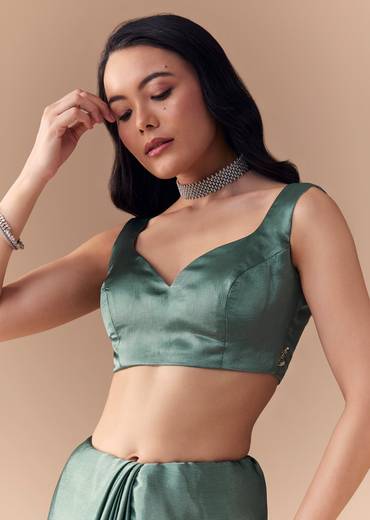 Mint Green Chinon Embroidered Saree with Unstitched Blouse