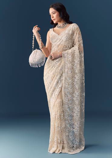 Beige Net Floral Jaal Sequin Work Saree with Unstitched Blouse