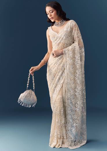 Beige Net Floral Jaal Sequin Work Saree with Unstitched Blouse