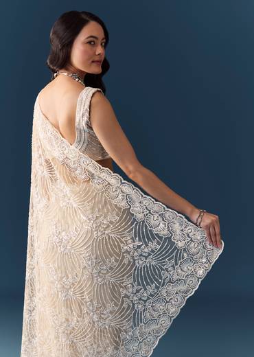 Beige Net Floral Jaal Sequin Work Saree with Unstitched Blouse