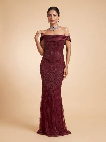 Wine Contemporary Bridal Gown With OffShoulder Drama
