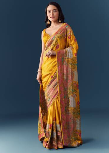 Mustard Banarasi Silk Woven Saree with Unstitched Blouse