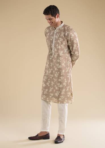 Beige Floral Coordinated Look – Crepe Zari Kurta Set For Her And Beige Embroidered Kurta Set For Him