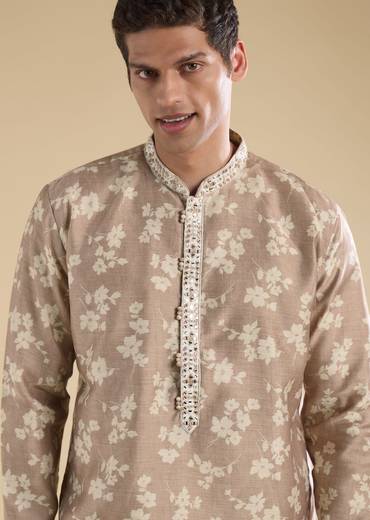 Beige Floral Coordinated Look – Crepe Zari Kurta Set For Her And Beige Embroidered Kurta Set For Him