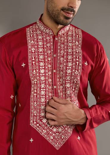 Red Silk Kurta Set For Men With Mirror And Thread Work