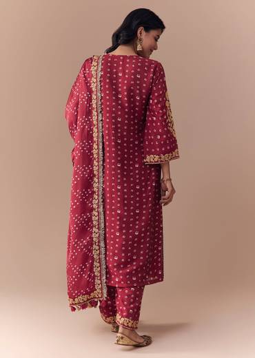 Maroon Bandhani Print Kurta Set